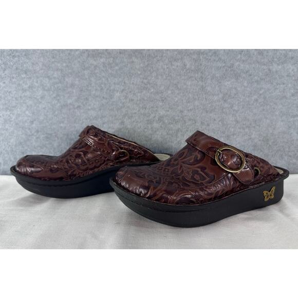 Alegria Womens sz 35 (US 5/5.5) SEV-574 Embossed Brown Leather Clog Comfort Mule - Picture 2 of 9